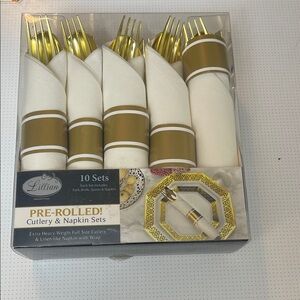 Gold and White Cutlery & Napkin Set